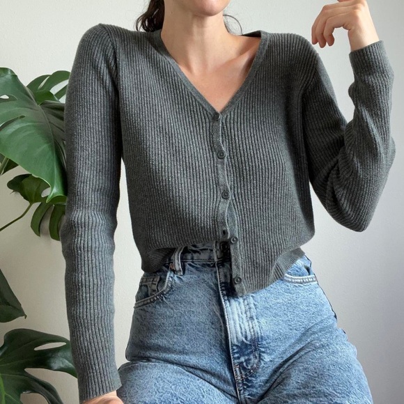 Brandy Melville Sweaters - Brandy Melville Cropped Ribbed Sweater Cardigan Gray